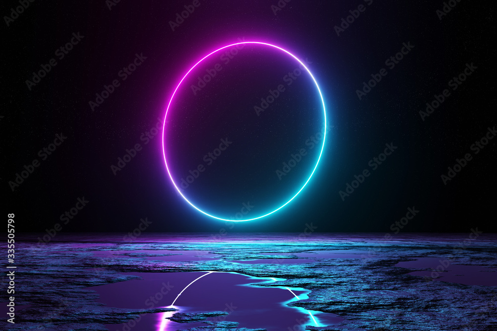 Abstract background with blue and pink neon light circle reflecting in the water 3D rendering