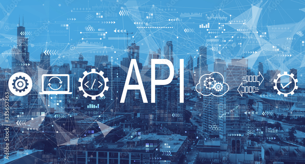 API - application programming interface concept with downtown Chicago cityscape skyscrapers