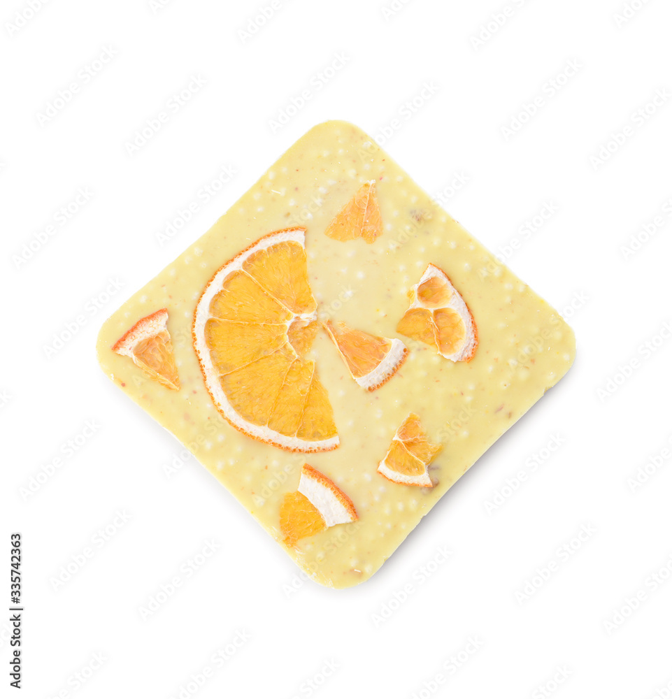 Sweet tasty chocolate with orange on white background