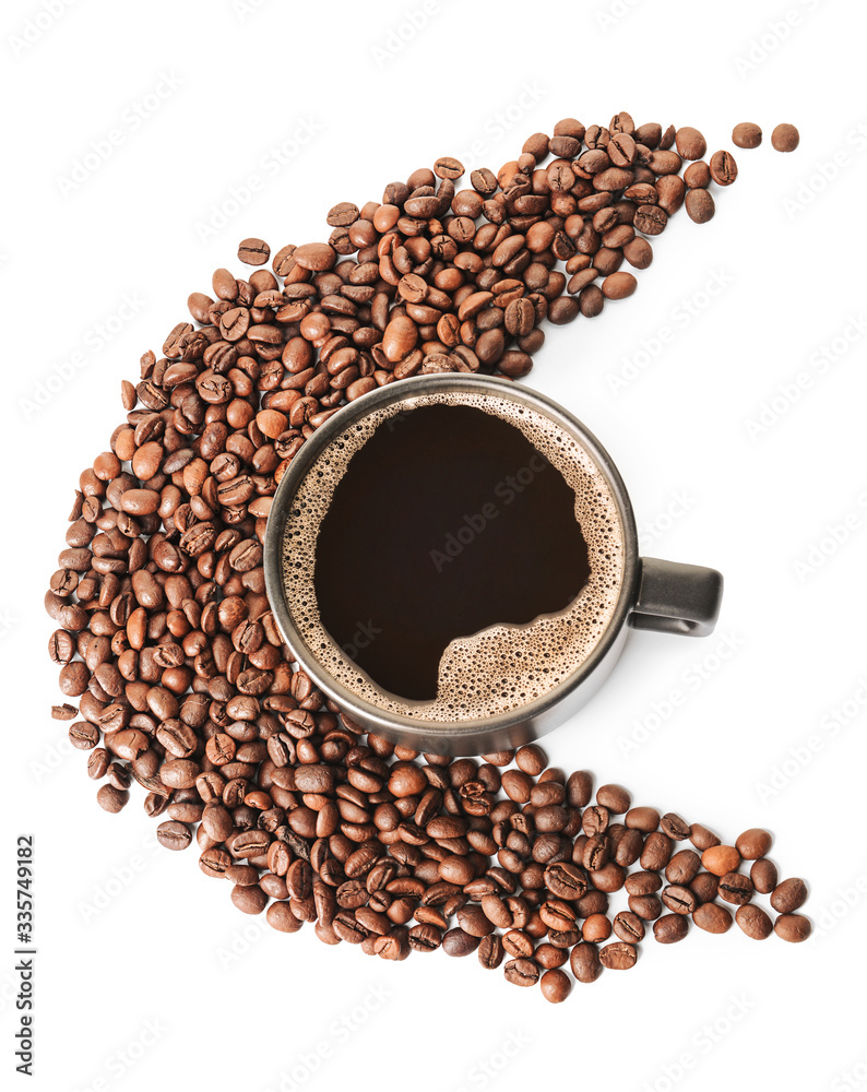 Cup of hot coffee and beans on white background