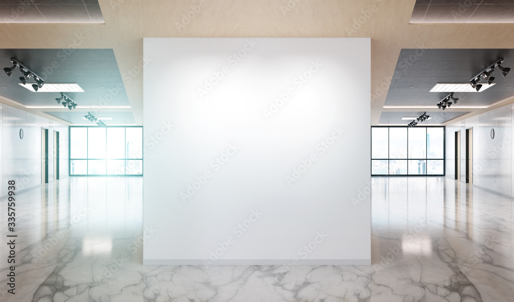 Blank wall in marble and wooden office mockup with large windows and sun passing through 3D renderin