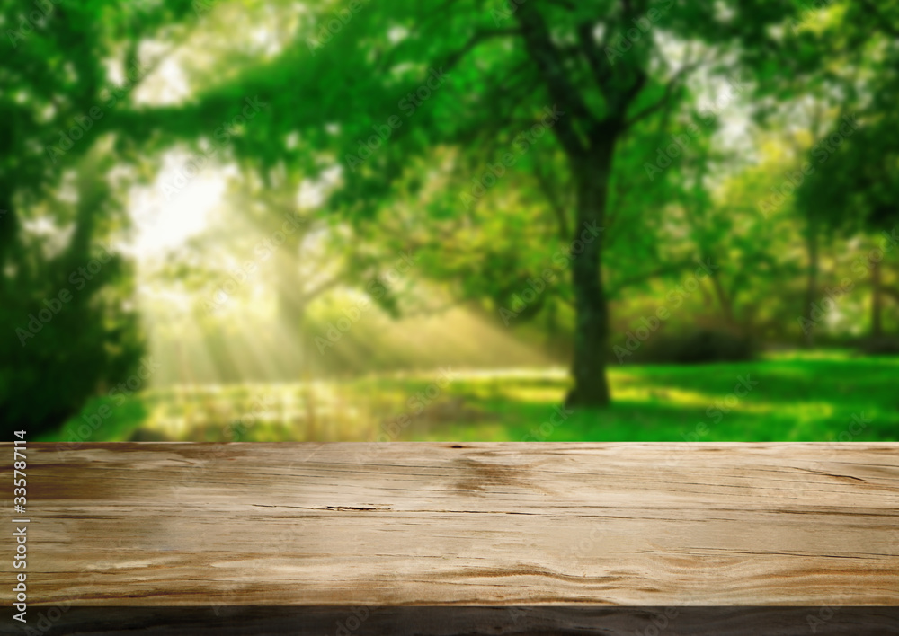 Brown wood table in green blur nature background of trees and grass in the park with empty copy spac