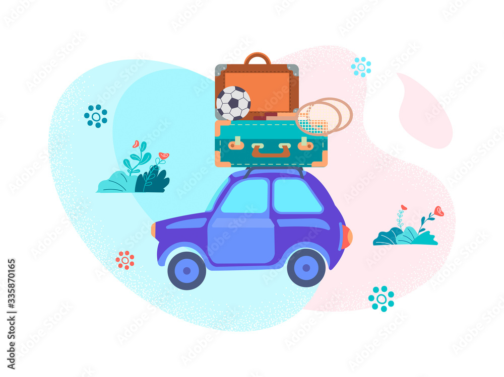 A car with luggage on the roof - a suitcase, badminton racket, soccer ball