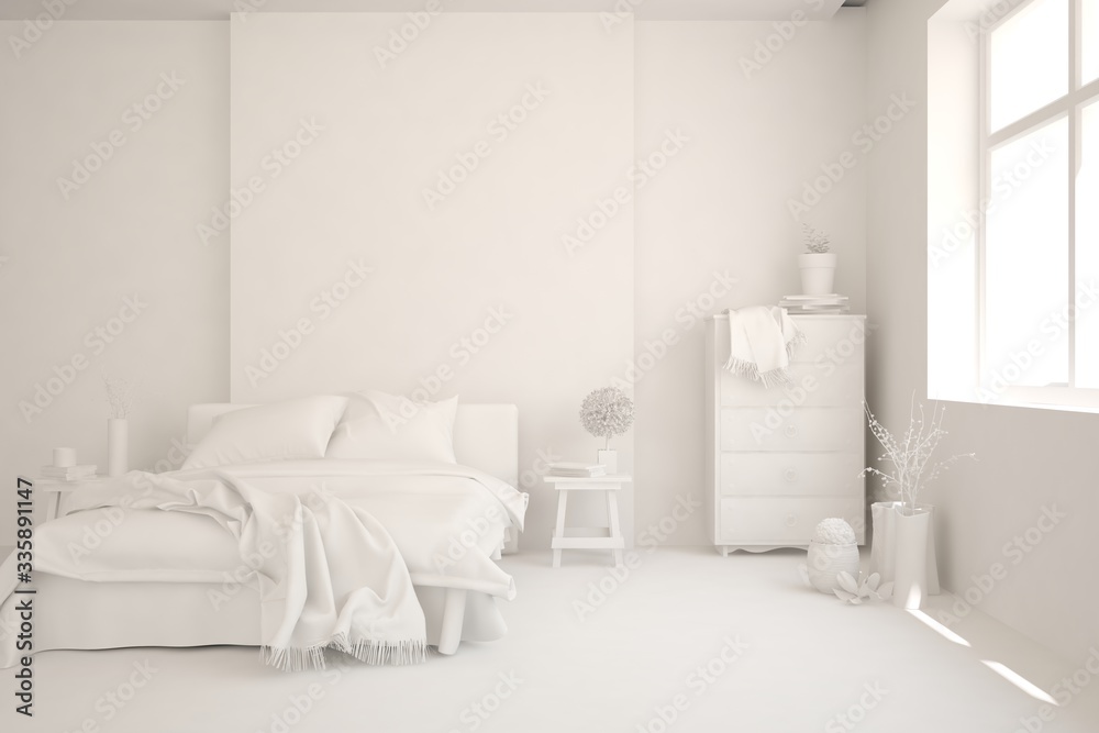 Modern bedroom in white color. Scandinavian interior design. 3D illustration