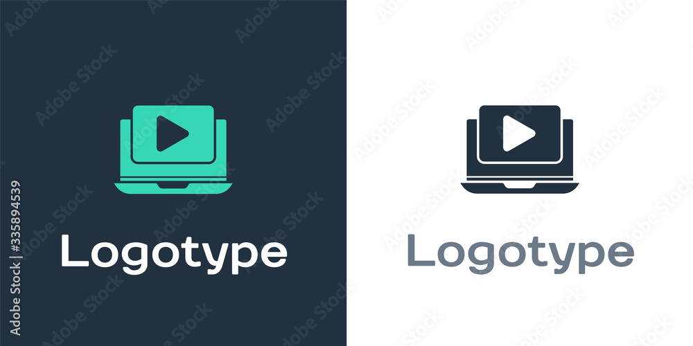 Logotype Online play video icon isolated on white background. Laptop and film strip with play sign. 