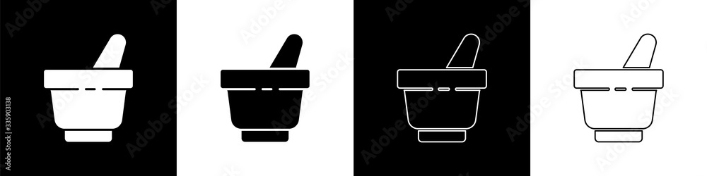 Set Mortar and pestle icon isolated on black and white background. Vector Illustration