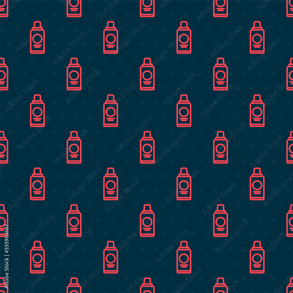 Red line Bottle of shampoo icon isolated seamless pattern on black background. Vector Illustration