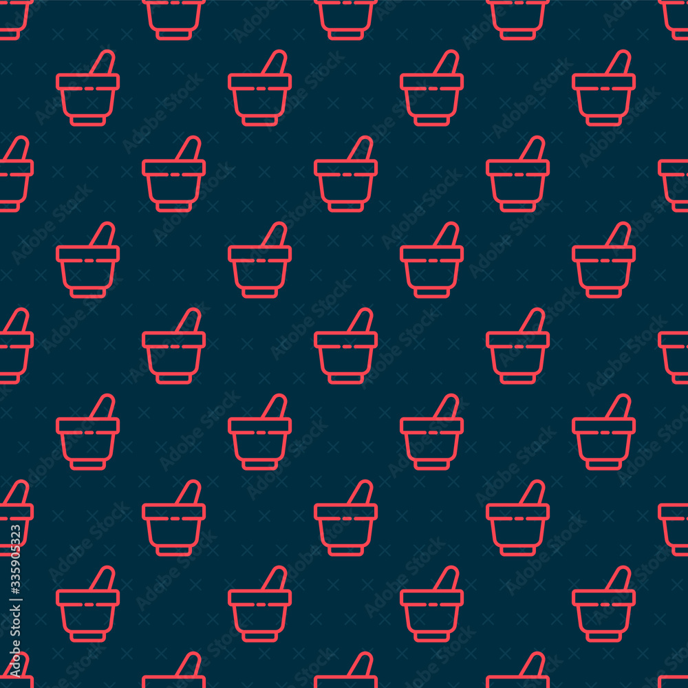 Red line Mortar and pestle icon isolated seamless pattern on black background. Vector Illustration