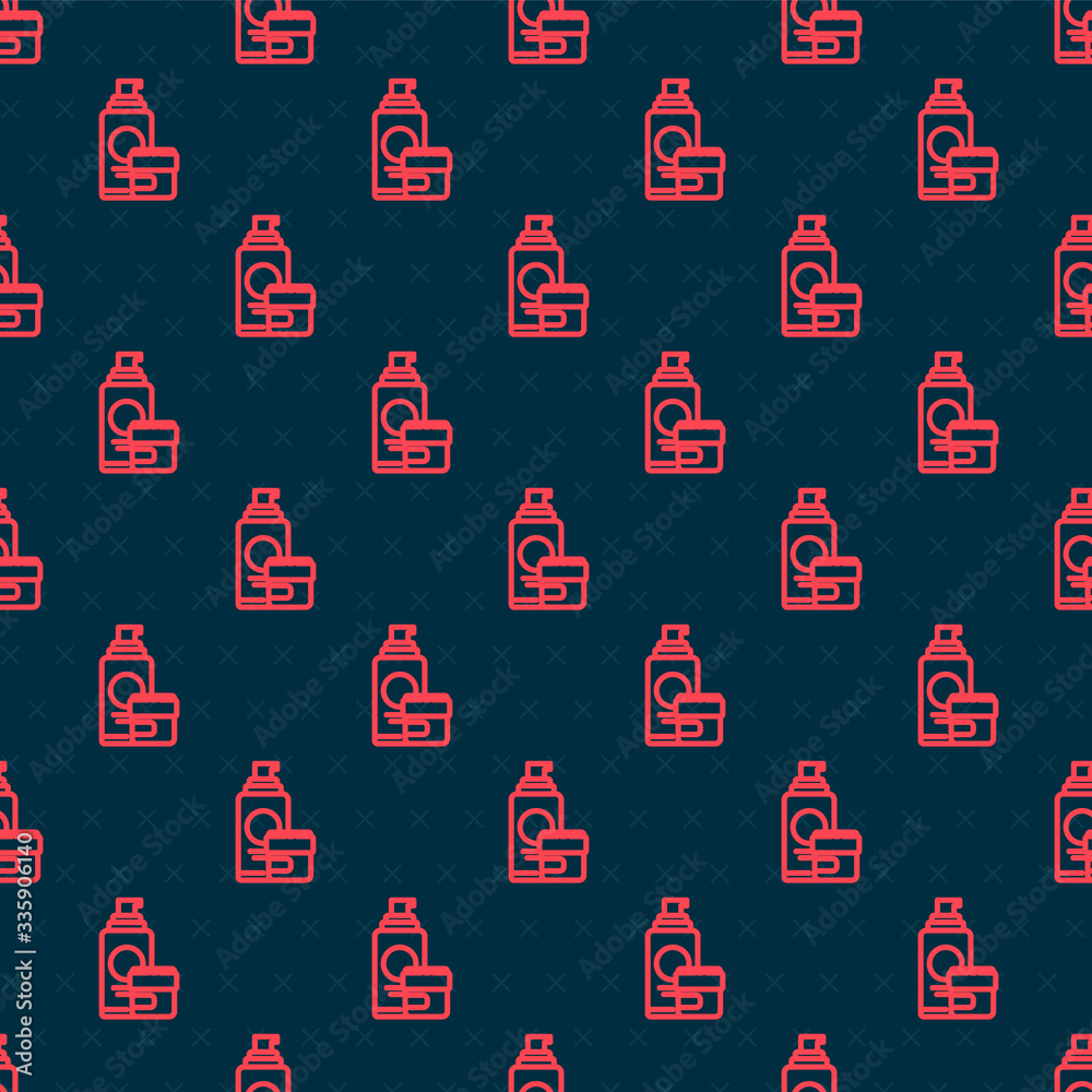 Red line Cream or lotion cosmetic tube icon isolated seamless pattern on black background. Body care