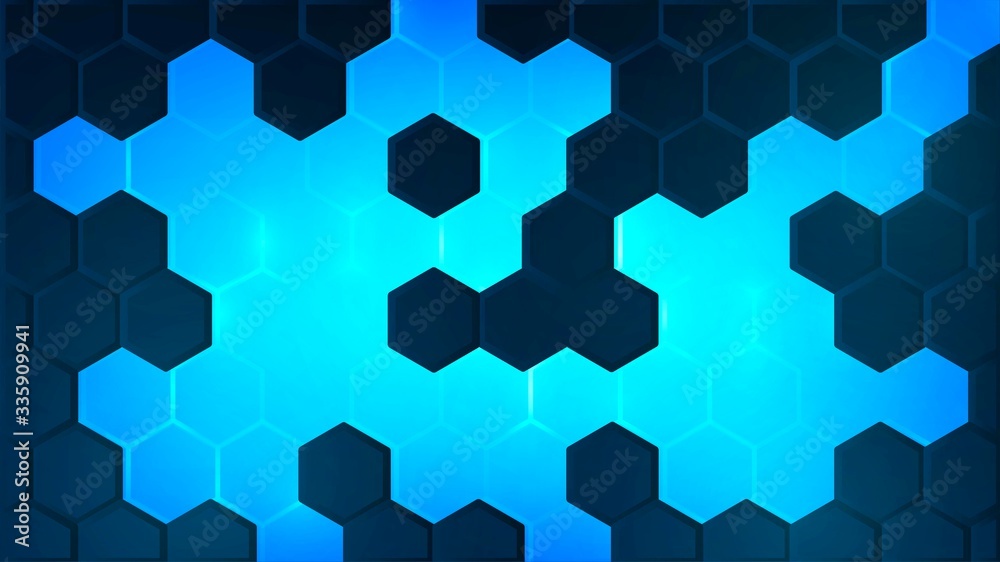 Abstract technology background with dark hexagons and blue luminous surface