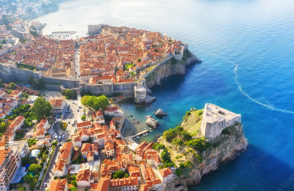 Dudrovnik, Croatia. Aerial view on the old town. Vacation and adventure. Town and sea. Top view from