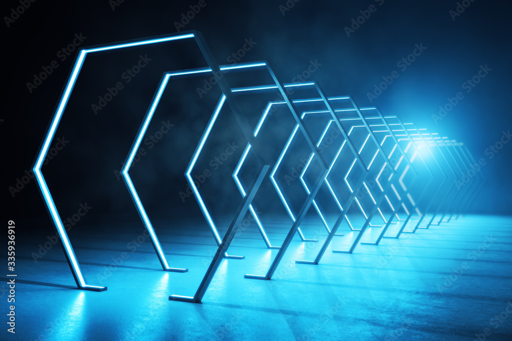 Futuristic interior with abstract luminous hexagon corridor.