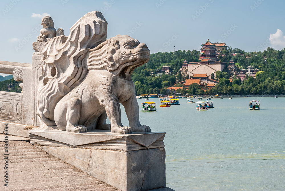 Close-up decoration at the Seventeen-Arch Bridge in the Summer Palace park in Beijing (China)