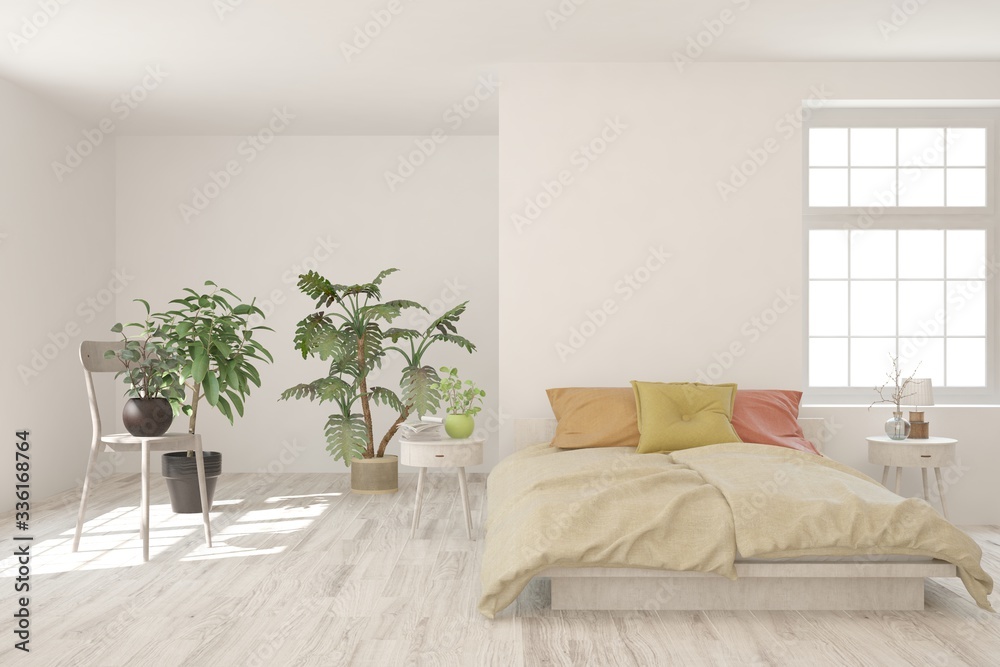 White bedroom interior. Scandinavian design. 3D illustration