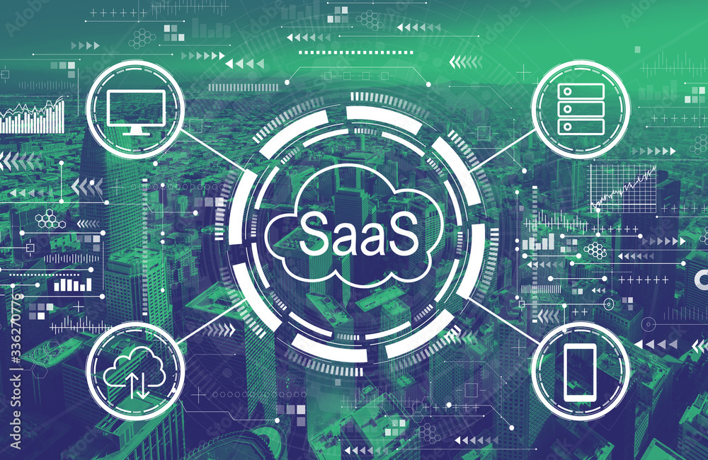 SaaS - software as a service concept with downtown San Francisco skyline buildings