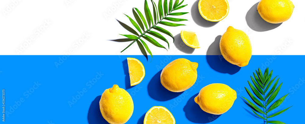 Fresh yellow lemons overhead view - flat lay