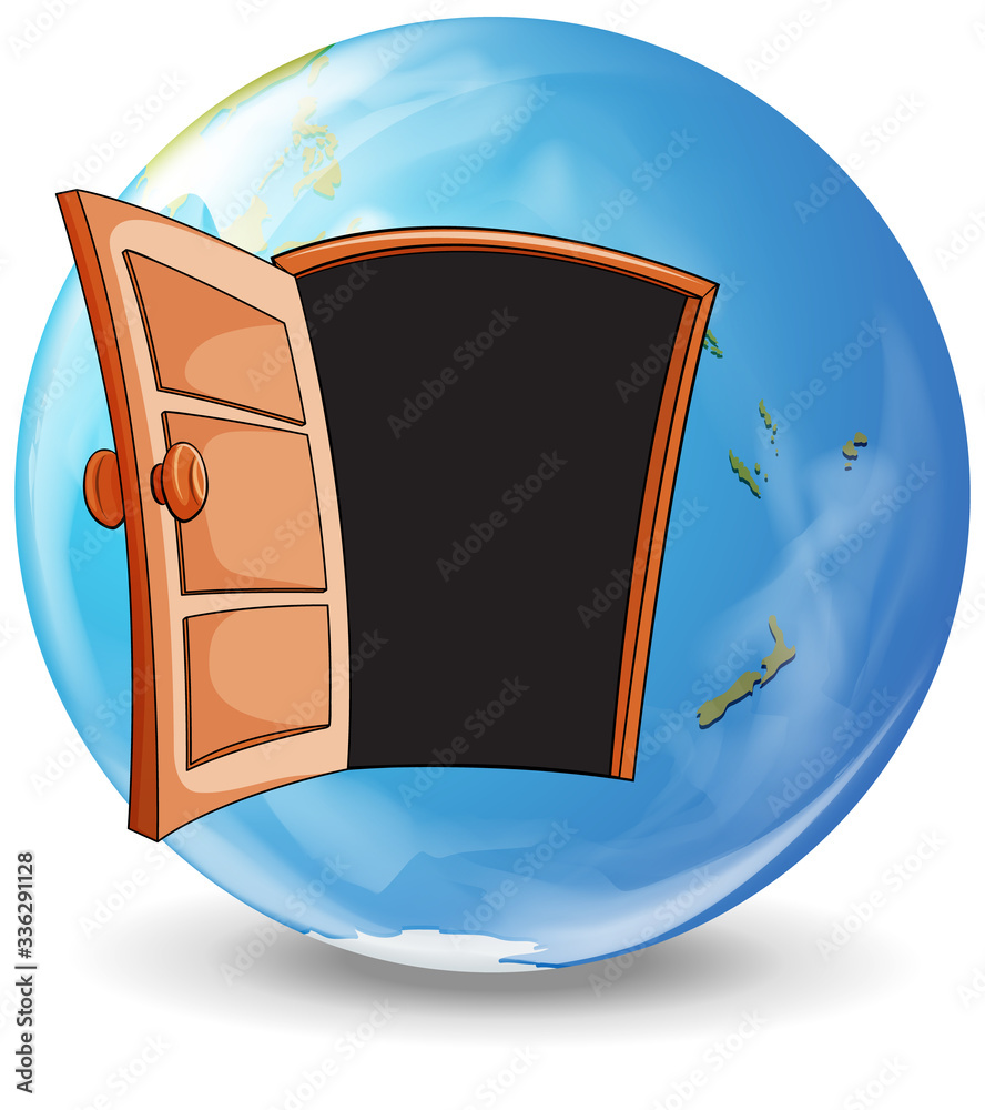 Door opened on earth on white background