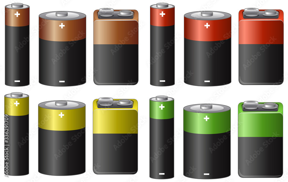 Set of batteries in many sizes and color