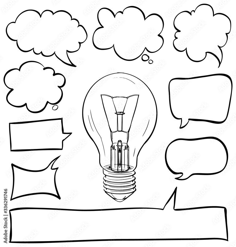 Different shapes of speech bubbles with lightbulb in middle