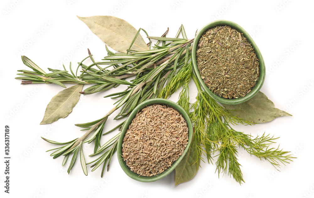 Different spices on white background