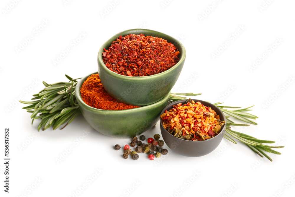 Different spices on white background