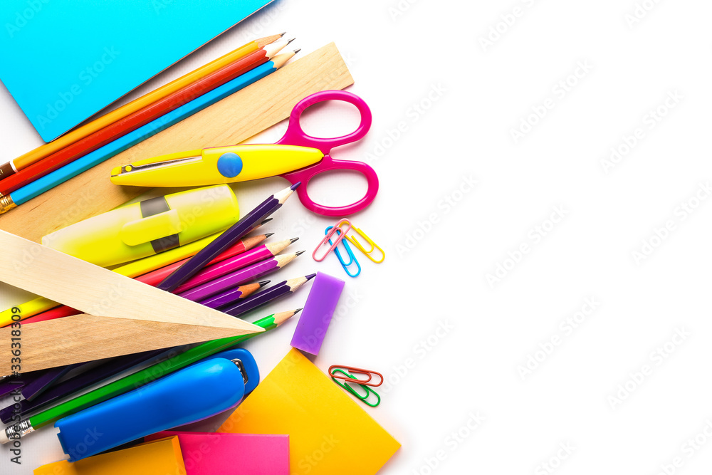 Set of school supplies on white background