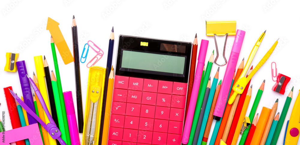 Set of school supplies on white background