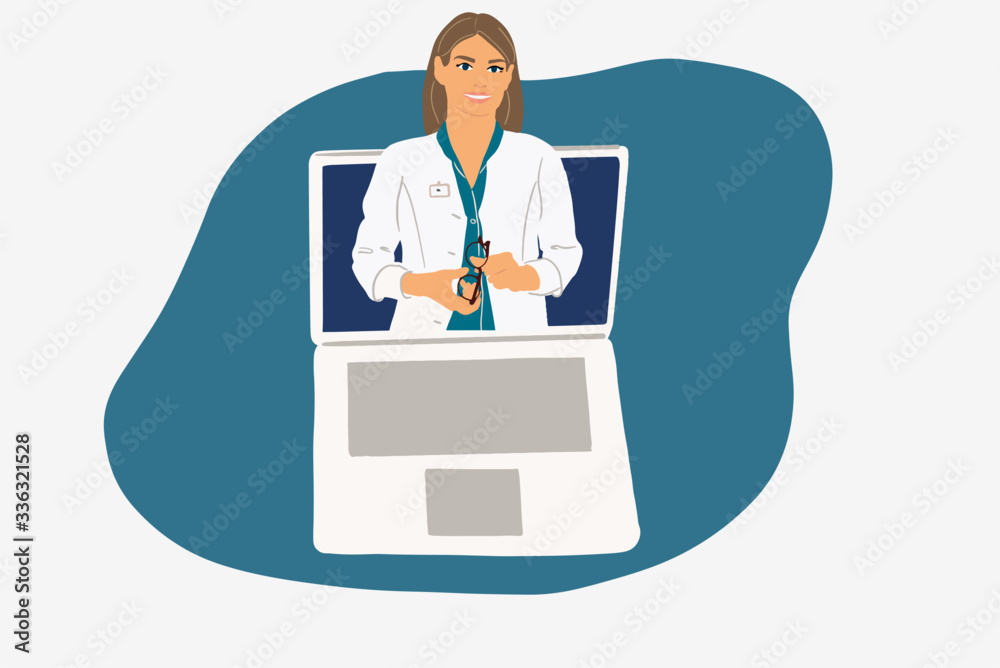 Female doctor in laptop monitor. Online and teemedicine concept. Colorful vector illustration in fla