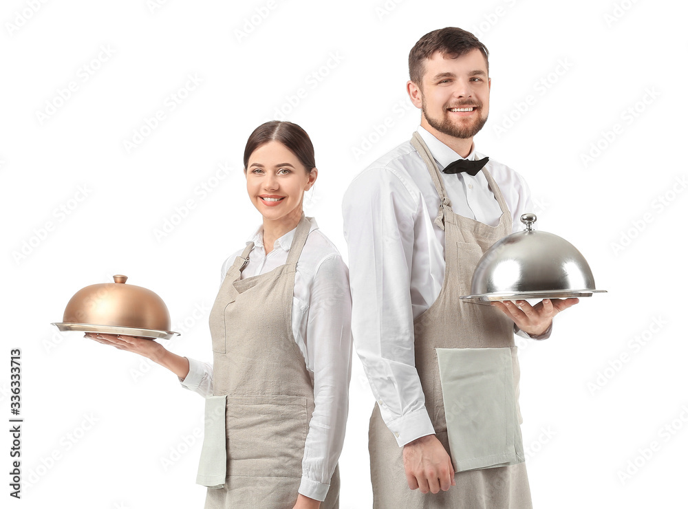 Portrait of waiters on white background