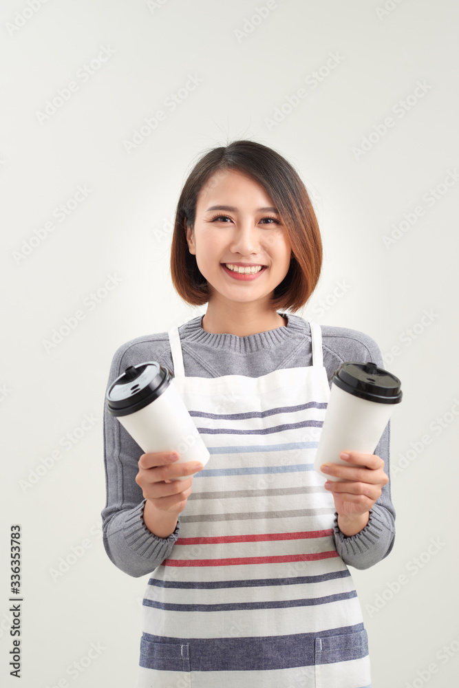 Close up photo beautiful amazing her she lady waitress owner cafeteria hold hands arms paper cups ho