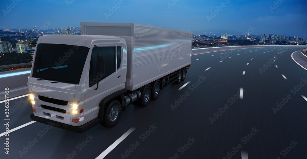 Front and low angle view of delivery truck run on the road at night, fast delivery,cargo logistic an