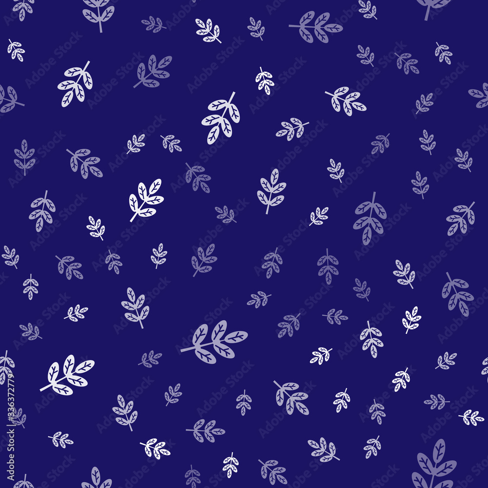 White Leaf icon isolated seamless pattern on blue background. Leaves sign. Fresh natural product sym