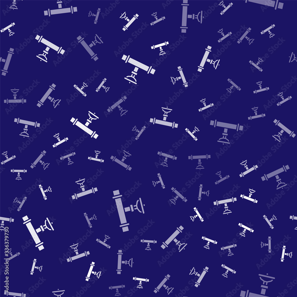 White Industry metallic pipe and valve icon isolated seamless pattern on blue background. Vector Ill