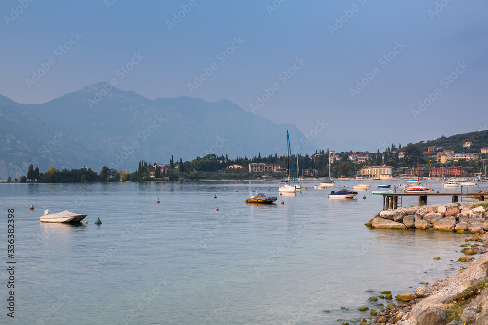 Beautful coastline of Garda lake at sunset, northern Italy