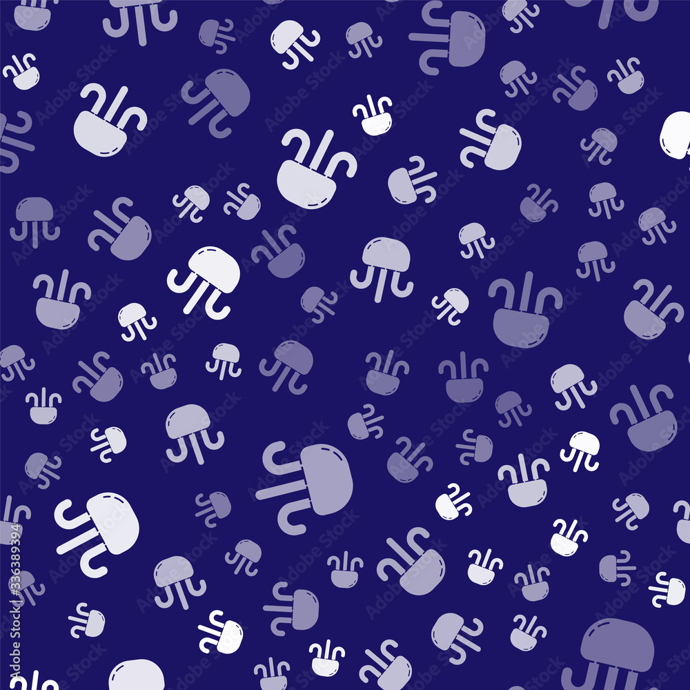 White Jellyfish icon isolated seamless pattern on blue background. Vector Illustration