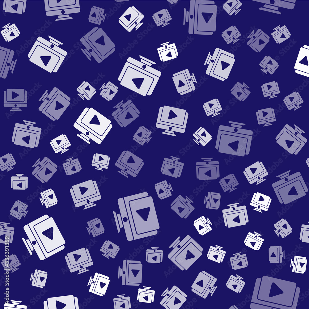 White Online play video icon isolated seamless pattern on blue background. Computer monitor and film