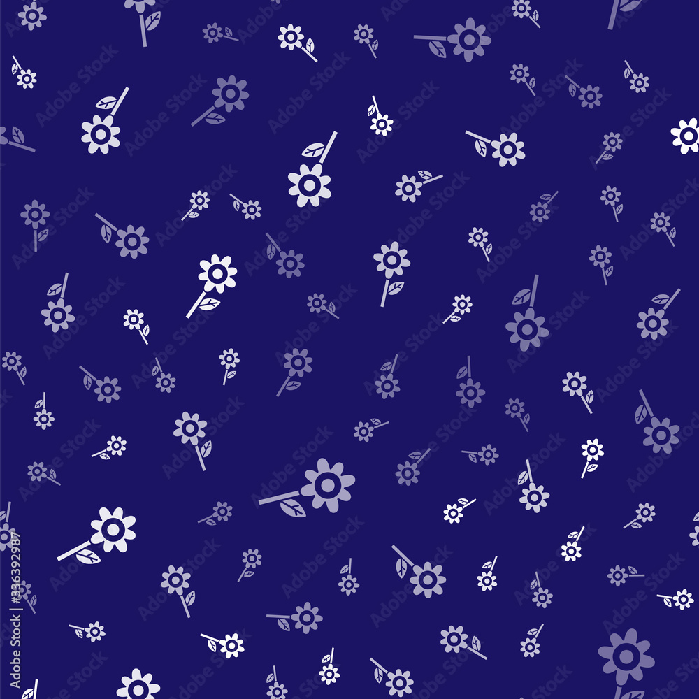 White Flower icon isolated seamless pattern on blue background. Vector Illustration