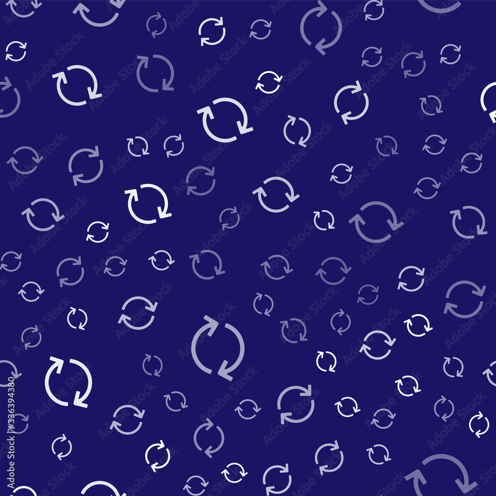 White Refresh icon isolated seamless pattern on blue background. Reload symbol. Rotation arrows in a