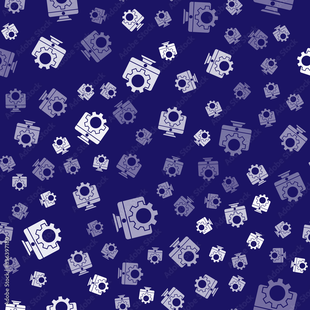 White Computer monitor and gear icon isolated seamless pattern on blue background. Adjusting, servic