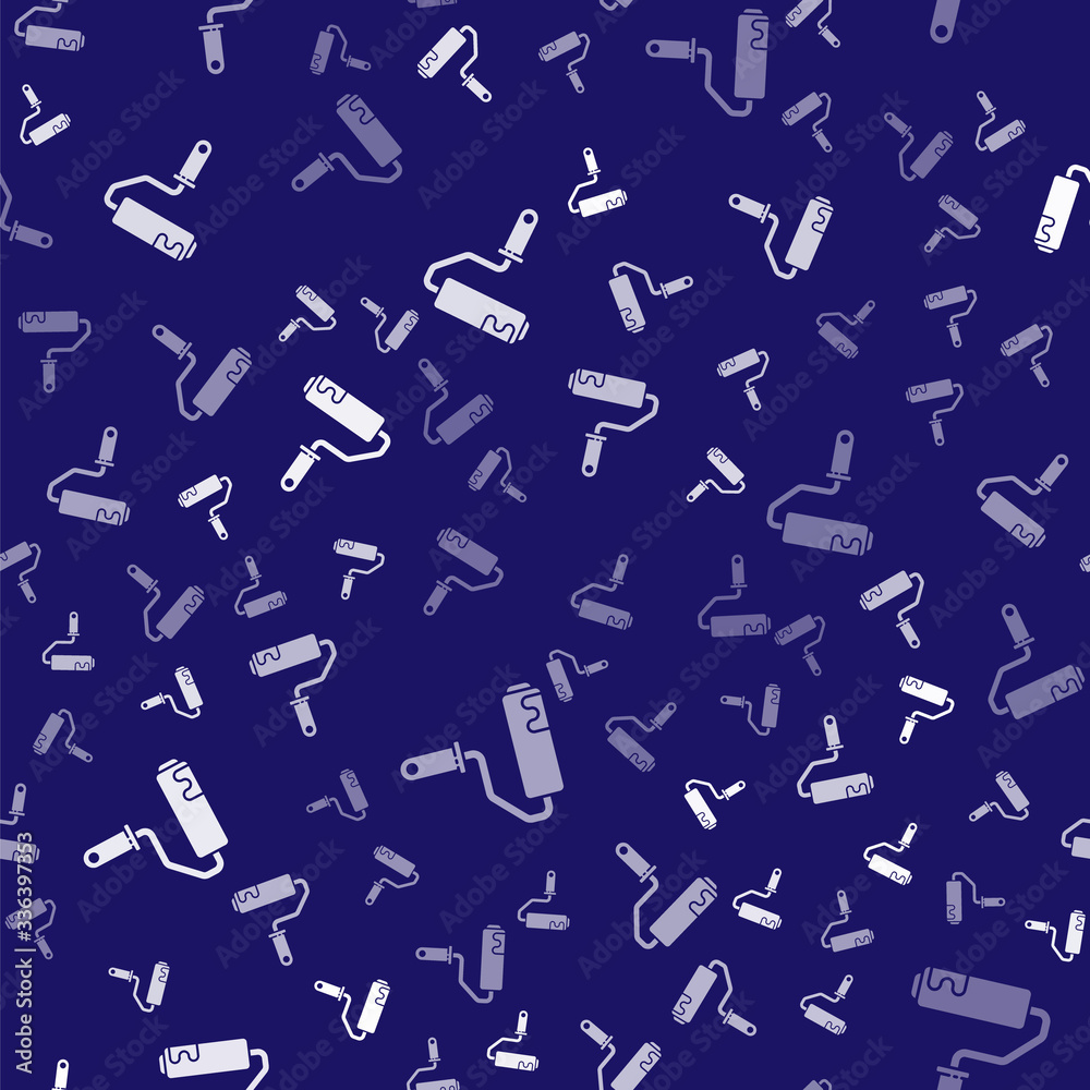 White Paint roller brush icon isolated seamless pattern on blue background. Vector Illustration