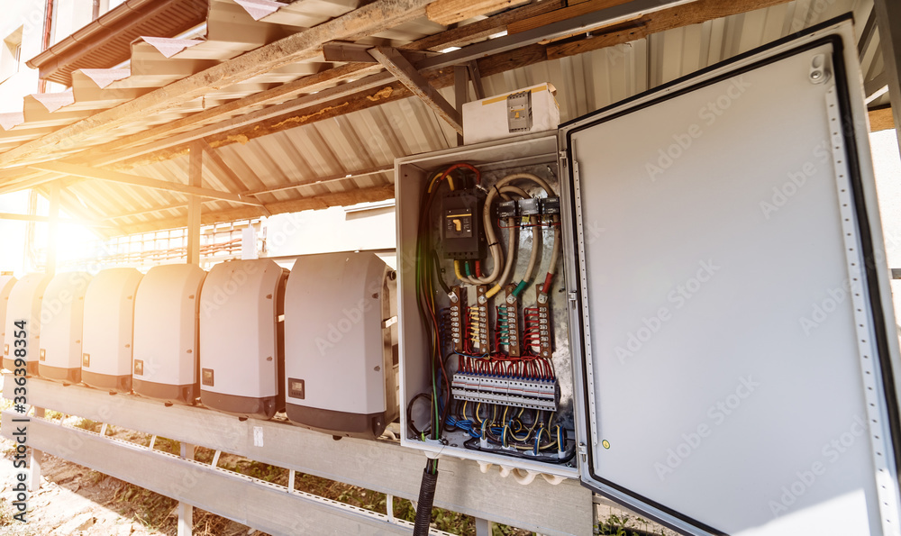 Electricity distribution box with wires and circuit breakers. Fuse box.