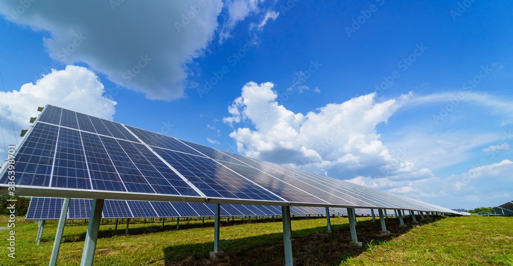 Solar panel on sky background. Photovoltaic power supply systems. Solar power plant. The source of e