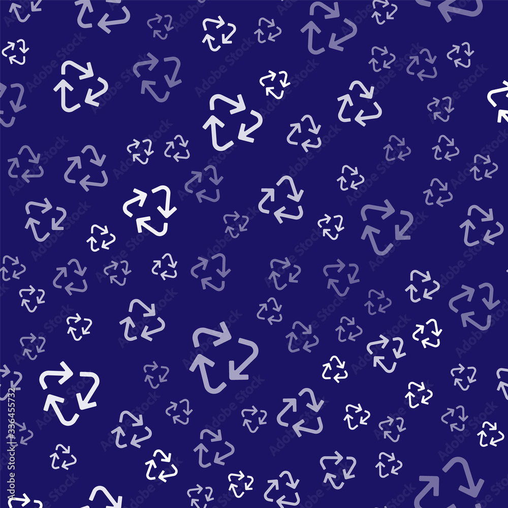 White Recycle symbol icon isolated seamless pattern on blue background. Circular arrow icon. Environ