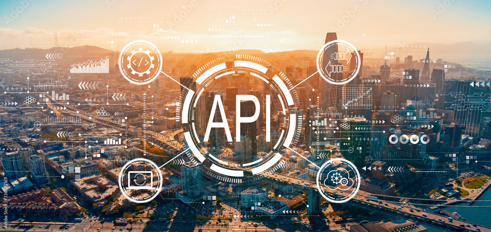 API - application programming interface concept with downtown San Francisco skyline buildings