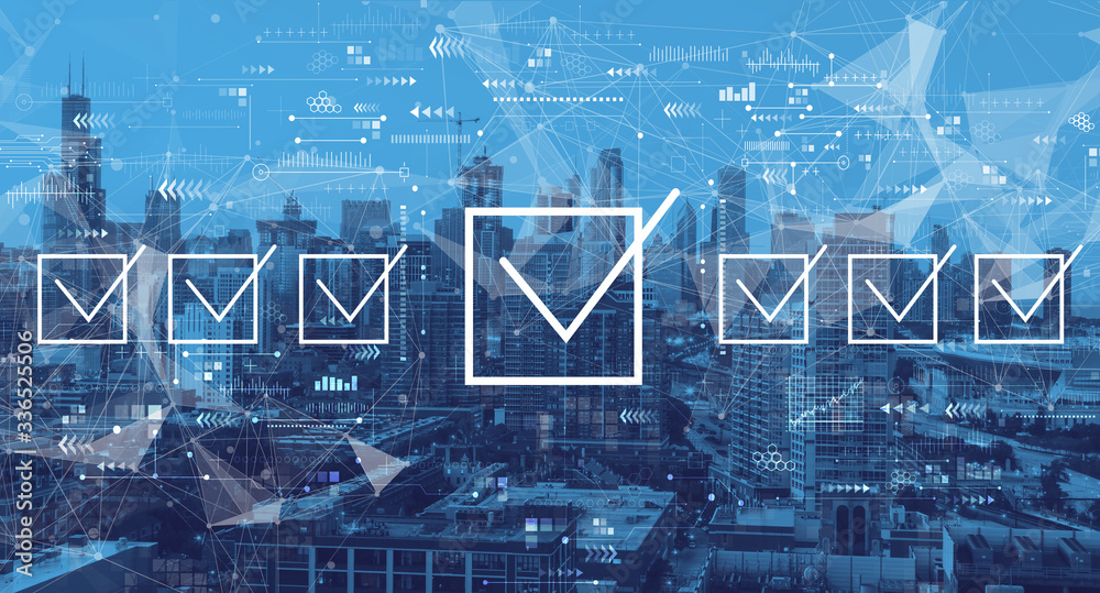 Checklist concept with downtown Chicago cityscape skyscrapers