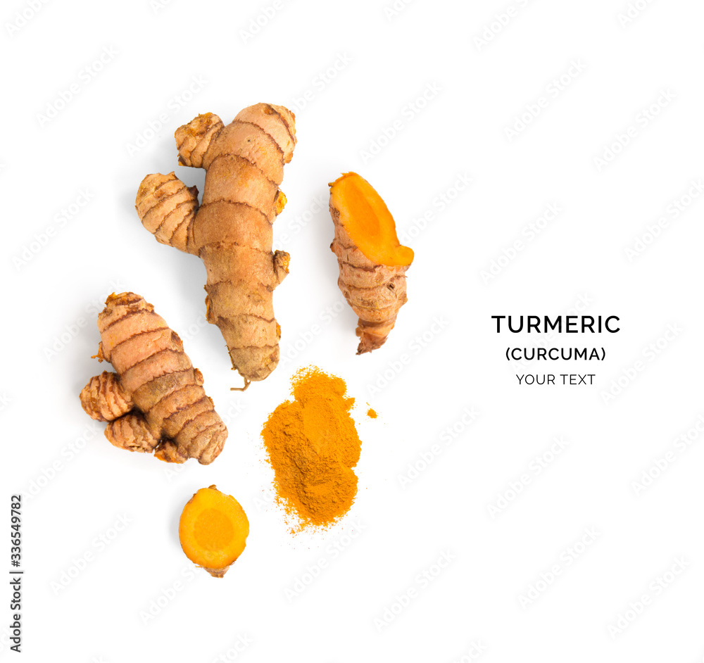 Creative layout made of turmeric (curcuma). Flat lay. Food concept.