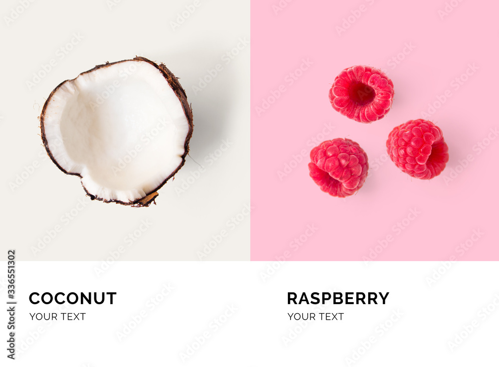 Creative layout made of raspberry and coconut. Flat lay. Food concept.