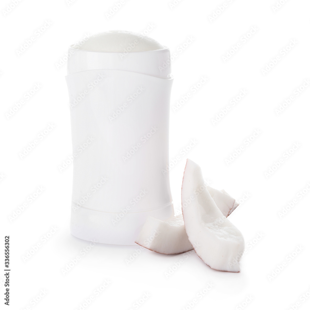 Deodorant and coconut on white background