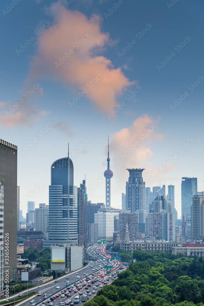 city view of shanghai at dusk