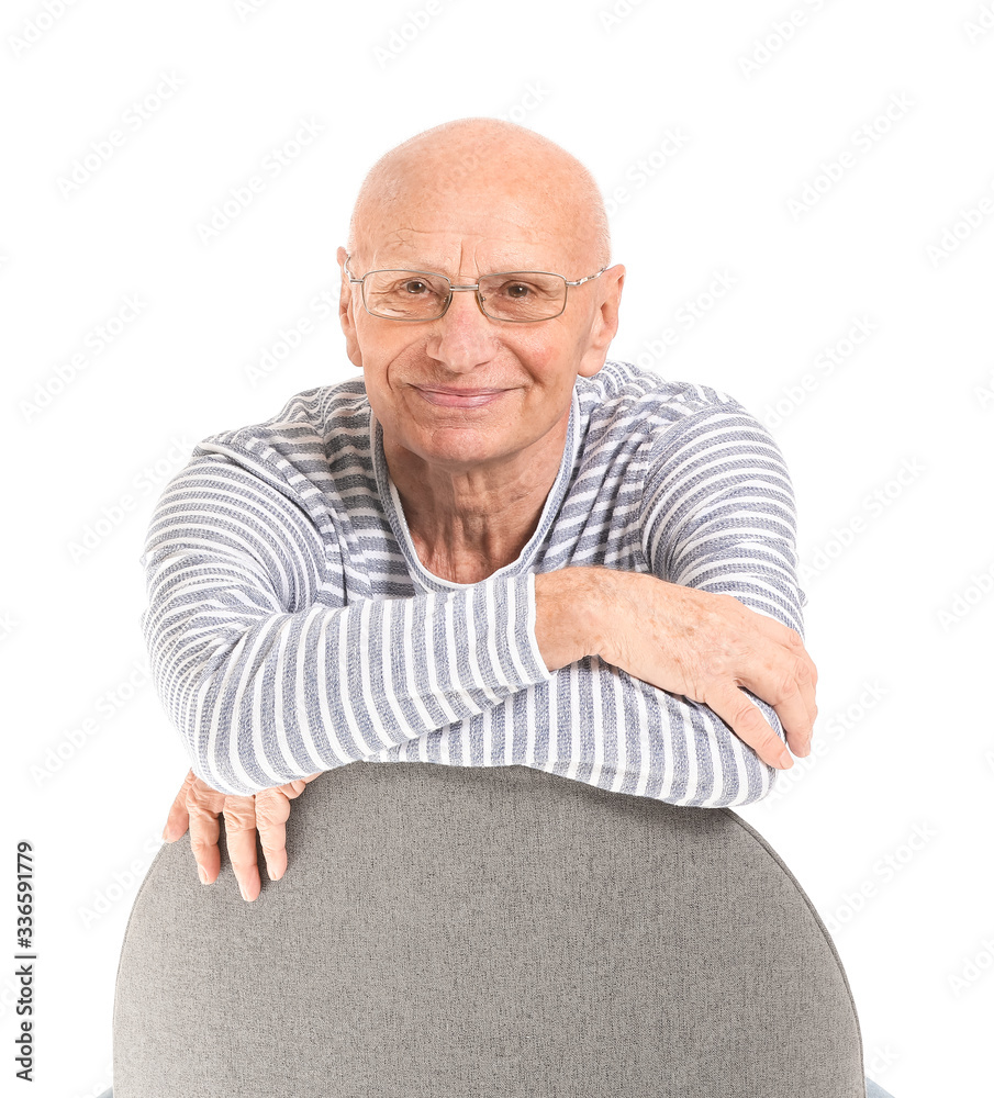 Portrait of elderly man on white background